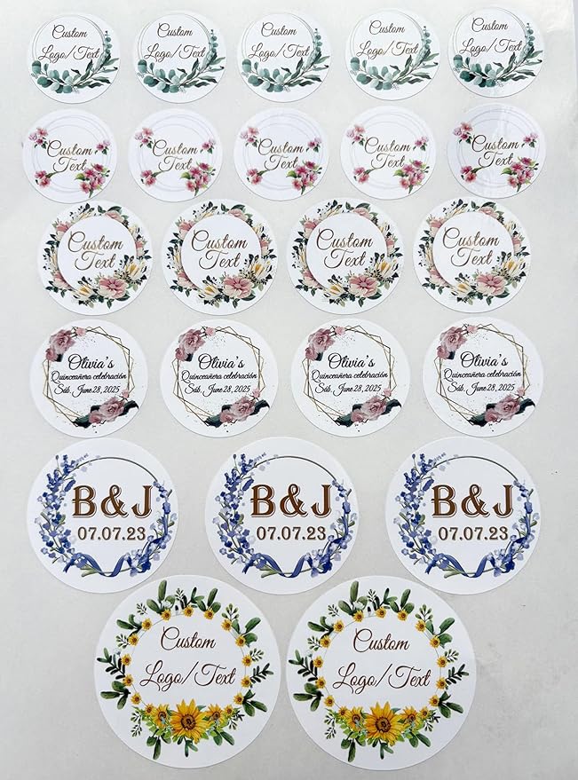 Custom Stickers for Weddings, Birthdays & Businesses - Personalized Labels with Your Logo - Waterproof, Fade and Heat Resistant - Pack of 100-1000 (Wreath S, 1.5 Inch)