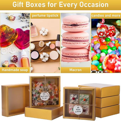 Roowest 50 Sets Kraft Soap Boxes Rectangle Packaging Box with Window Homemade Gift Box with Blank Tags and Jute String for Jewelry Candy Wrapping Party Favor(6.5 x 6.5 x 2 Inch,Gold)