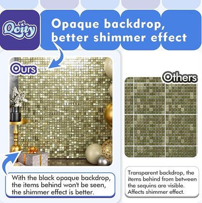 Qcity Light Gold Shimmer Wall Backdrop 24PCS, Black Back Not See-Through Design, Square Sequin Glitter Backdrop Panel, Perfect for Outdoor Events, Birthdays, Wedding and Party Decoration
