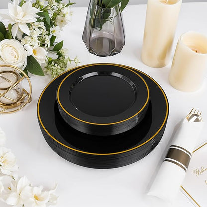 SUT 350 Pcs Black and Gold Plastic Dinnerware Set for 50 Guests, Include: 50 Dinner Plates, 50 Dessert Plates, 50 Pre Rolled Napkins With Silverware, 50 Cups, Disposable Plates for Halloween, Party