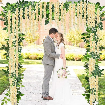 12 Pack Champagne Wisteria Hanging Flowers Garland, 3.77 Feet Artificial Flower Vines, Fake Wisteria, Artificial Vines Hanging Garland for Backdrop Outdoor Yard Garden Decor