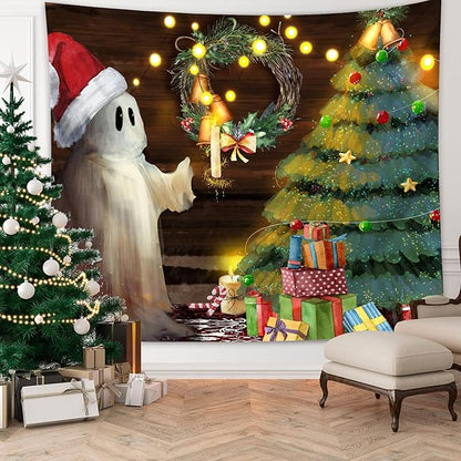 QGHOT Christmas Tapestry Wall Hanging Christmas Tree Backdrop Cute Ghost Wall Decor Xmas Holiday Tapestries for Kids Bedroom Living Room Dorm Party Decoration, Extra Large