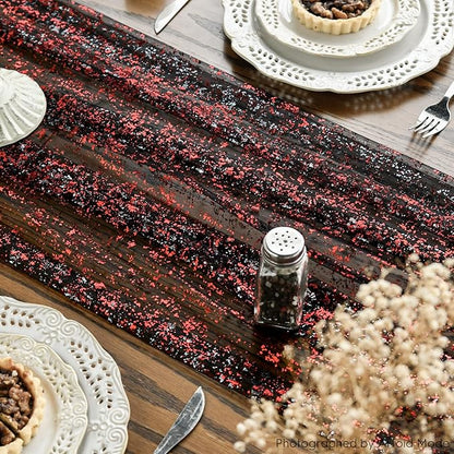 Artoid Mode 3PCS Black Red Gold Gauze Table Runner 120 Inch 10FT, Glitter Metallic Foil Sheer Dining Wedding Anniversary Holiday Table Decor for Home Party