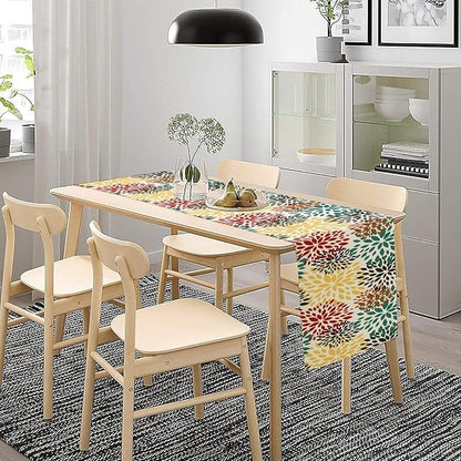 Green Red Dahlia Flower Table Runner Chrysanthemum Geometric Kitchen Dining Bedroom Living Room Table Decor for Indoor Outdoor Home Party, 13x60 Inch
