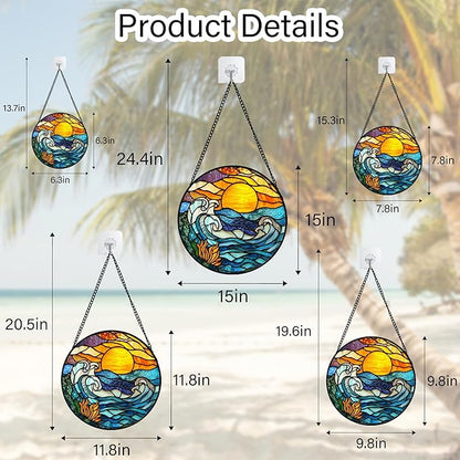 Stained Glass Window Hanging, Orange Sun Blue Sea Waves Landscape Suncatcher for Doors Window Home Sun Catchers Decor Mother's Day Birthday Gifts for Women, Men Mom 11.8 in