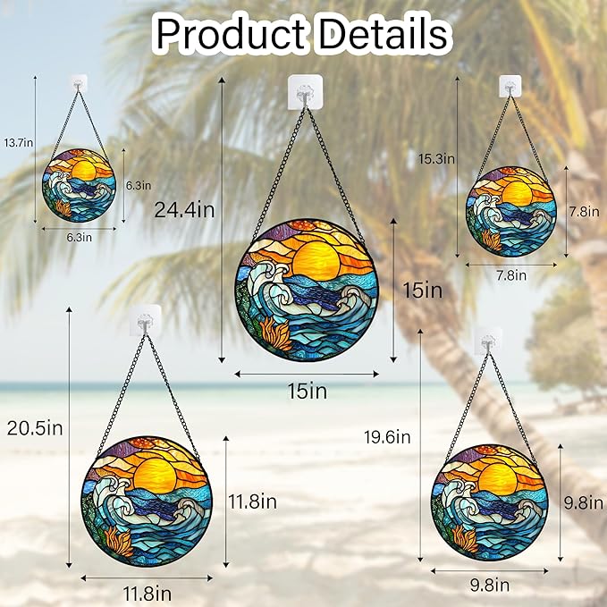 Stained Glass Window Hanging, Orange Sun Blue Sea Waves Landscape Suncatcher for Doors Window Home Sun Catchers Decor Mother's Day Birthday Gifts for Women, Men Mom 9.8 in