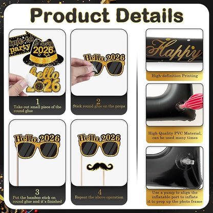2026 New Year Photo Booth Inflatable Frame Kit, 30Pcs New Years Photo Booth Props with Inflatable Picture Frame Black Gold Decorations for New Year Eve Party Selfie Props Supplies