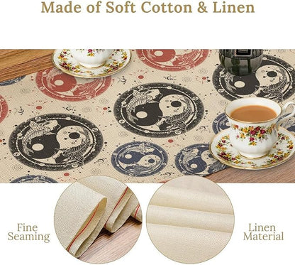 Yin Yang Table Runner, Vintage Mid Century Traditional Oriental Koi Fish Mystical Celestial Moon Stars Print Table Runner for Kitchen Dining Table Party Decor, 13x36inch