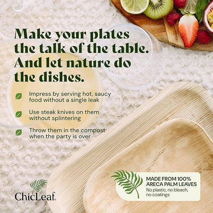 Chic Leaf Compostable & Biodegradable Palm Leaf Disposable Bamboo Plates - Disposable Party Plates for Appetizers - Camping Essentials - Reusable Party Supplies (10 & 7 Inch Square)