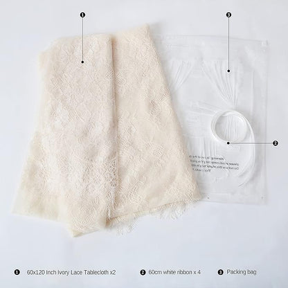 LuoluoHouse Set of 2 Ivory Lace Tablecloths Rectangle Chic Wedding Embroidered Tablecloth 60x120 inch Decorative Tablecloth for Farmhouse Party Birthday Kitchen Table Linens