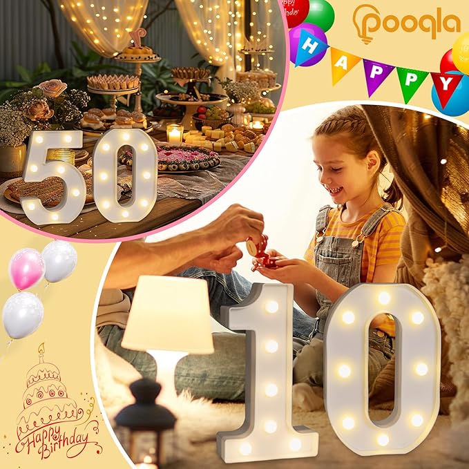 Pooqla Decorative LED Light Up Number Letters, White Plastic Marquee Number Lights Sign for 45th Birthday Party Wedding Decor, Battery Operated (45)