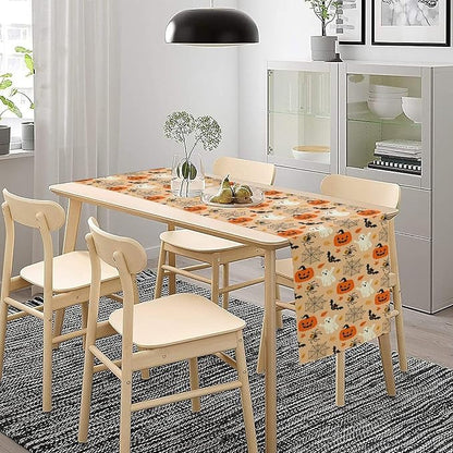Halloween Table Runner,Cute Ghost Pumpkin Leaves Table Runner for Kitchen Dining Table Decoration Home Party Decor 13x36 Inch
