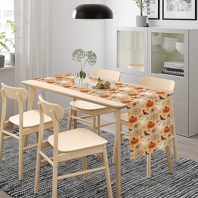 Halloween Table Runner,Cute Ghost Pumpkin Leaves Table Runner for Kitchen Dining Table Decoration Home Party Decor 13x70 Inch