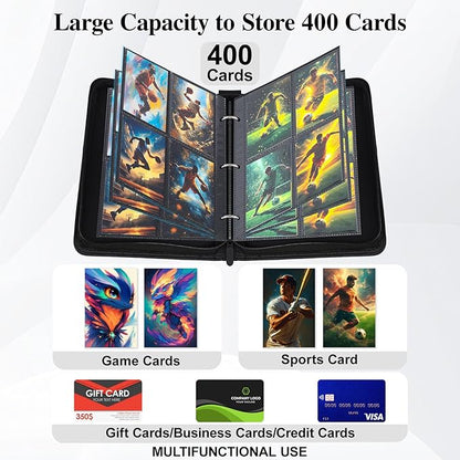 Trading Card Binder 4 Pocket with Display Window, 400 Cards Capacity Card Binder, Waterproof PU Leather Photocard Baseball Card Binder for MTG, TCG, Sports Cards, Black w/Clear Display Window