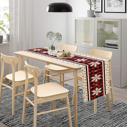 Snowflakes Christmas Table Runner,Red Buffalo Plaid Seasonal Winter Kitchen Dining Table Decoration for Home Party Decor 13x70 Inch