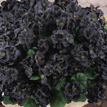 Hananona 12 Pcs Artificial Geranium Flowers for Outdoors Geranium Silk Flowers Outdoor UV Resistant Garden Plants Faux Black Flower for Home Kitchen Halloween Table Centerpieces Decor (12, Black)