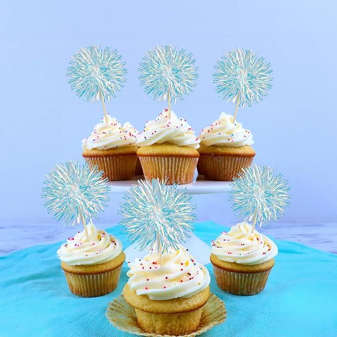 Ephlyn 30Pcs Foil Firework Cupcake Toppers Party Birthday Cake Toppers Supplies Sparkle Tinsel Cocktail Fruit Toothpick for Birthday Wedding Graduation Party Blue