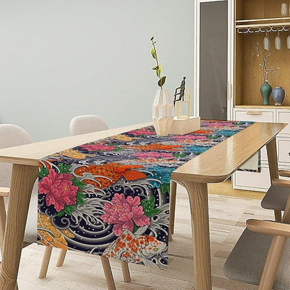 Japanese Retro Flowers Table Runner Oriental Tradition Kio Fish Art Printed Burlap Runner Home Kitchen Dining Table Living Room Decor Fabric 1 Panel W13xL108in