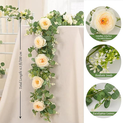 Dolicer 4Pcs 26Ft Artificial Eucalyptus Garlands with Flowers, Faux Floral Greenery Garlands Fake Flowers Vines for Wedding Centerpieces Arch Party Ceremony Backdrop Decor (Champagne)