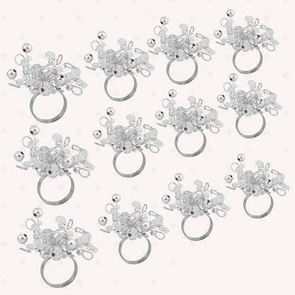 Decorative Napkin Ring Set of 12 - Handmade Glass Beads Napkin Holders for Table Setting Elegant Dining Accessory Round Heavy Duty Metal Frame Wedding & Party Table Décor (Silver) - CLEENTABLE