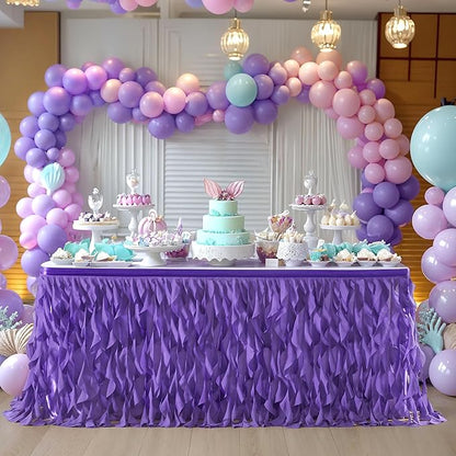 Partisky Mermaid Purple Tulle Curly Willow Table Skirt for Rectangle Table 6ft, Ruffle Tutu Table Cloth for Girls Boys Baby Shower,Mermaid Birthday Party