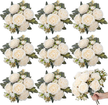 8 Bundles Artificial Peonies Flowers Boho Faux Flowers Arrangements Artificial Centerpiece Spring Bouquet Floral Wedding Decoration for Vase(Milk White)