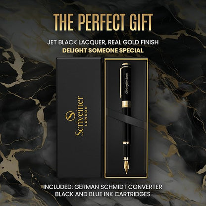 Scriveiner Personalized Black Fountain Pen - Stunning Luxury Pen, Jet Black Lacquer, Real Gold Plating, German Schmidt Nib (Medium), Best Engraved Gift Set for Men & Women, Name Engraving