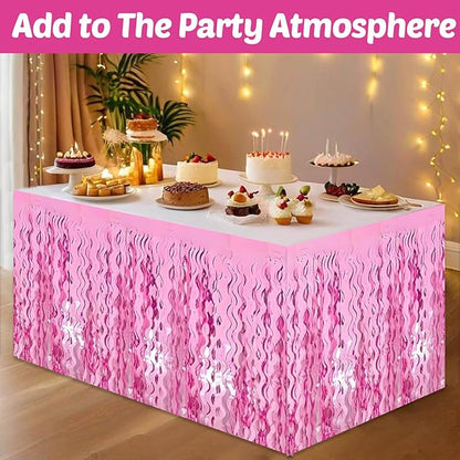 6 Pack 29x108 Inch Pink Wave Foil Fringe Table Skirts Metallic Banner for Tinsel Streamer Garland Backdrop for Parade Floats Wedding, Mother's Day, Birthday Mardi Gras Party Decorations