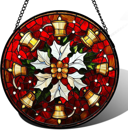 Stained Glass Window Hanging - Golden Bells Flowers Suncatcher for Doors Home Christmas Decoration Winter Sun Catcher Thanksgiving New Year Birthday Gift for Friend Women Men Mom Nana 9.8 in