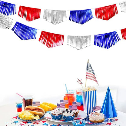 Blue Red Silver Tassel Banner Metallic Fabric Pennant Bunting Flag for 4th of July American USA National Day Patriotic Veterans Graduation Wedding Birthday Retirement Nautical Party Decorations