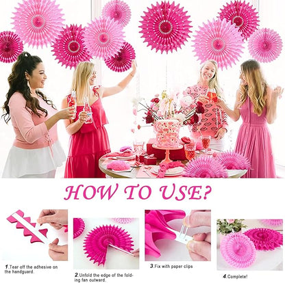 SUNBEAUTY Hanging Honeycomb Paper Fans Hot Pink Party Decorations Fuchsia Pink Birthday Paper Decoration for Wedding Graduation Events Accessories - 12Pcs