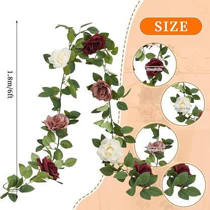 Burgundy Artificial Rose Garlands Rose Vines Leaves Banners Hanging Floral Garland Fake Rose Flower Vine for Wedding Arch Ceremony Home Garden Outdoor Party Wall Decorations