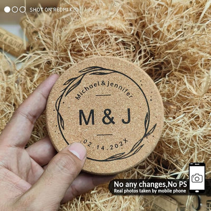 Personalized Cork Coasters - Custom Engraved Wedding Favor,Natural Round Drink Coasters, Bulk Guest Gifts, Bridal Shower,Party,Reception and Anniversary Gift Decor - Set of 25-300pcs