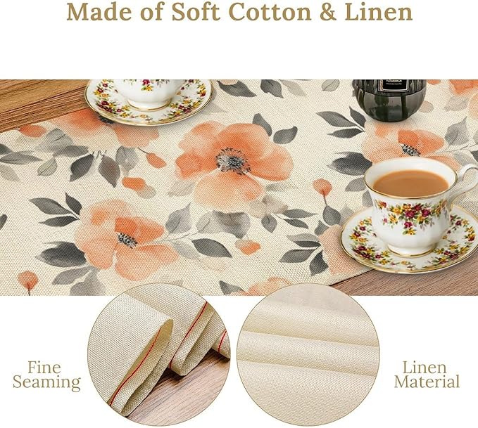 Floral Fall Table Runner, Rustic Watercolor Orange Flowers Seasonal Summer Autumn Table Runner for Kitchen Dinning Table Runner Decor Home Wedding Party Holiday, 13x120 Inch