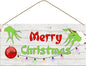 Merry Christmas Hanging Door Sign, Crazy Funny Green Festive Wooden Wall Welcome Decor Winter Farmhouse Style Outdoor Indoor Xmas Tree Ornaments for Home Office Holiday Party