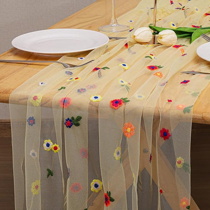 BINBE 3pcs Daisy Fall Table Runner Embroidery Gauze 10FT Florals Seasonal Tulle Holiday Birthday Kitchen Dining Table Decor for Home Party Yellow