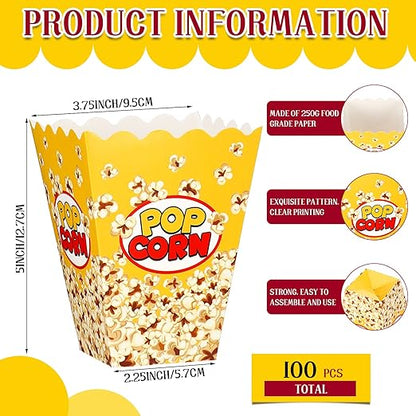 Panelee 100 Pack Popcorn Boxes for Movie Night 24oz Popcorn Disposable Paper Bucket Bags Bulk Snack Container Cups Holder for Christmas Party Carnival