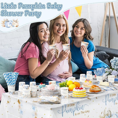 452 Pcs Little Pumpkin Baby Shower Decorations for 50, Blue A Little Pumpkin Is on the Way Paper Plates Napkins Cups Tablecloth Cutlery Straws for Autumn Fall Thanksgiving Party Supplies