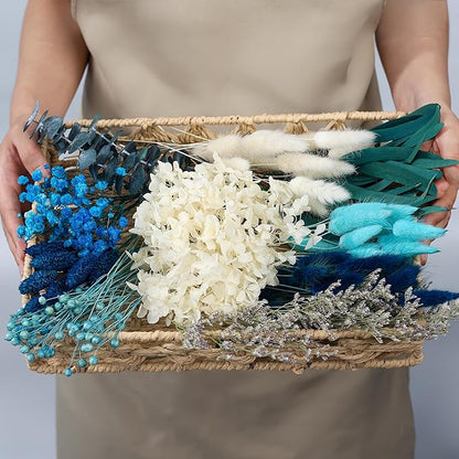 xin's convey DIY Natural Dried Flower Set, Blue Large Package with Stem Flowers for Vases, Handmade Creative, Door Hanging Wreath, Table Centerpiece Mini Dried Flower Bouquet (Peacock Blue)