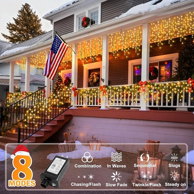 KNONEW 33FT 400 LED Christmas Lights Outdoor Black Wire String Lights with 75 Drops, 8 Lighting Modes, Timer Memory Function Connectable Hanging Curtain Lights for Halloween Party Decor (Warm White)