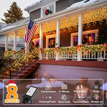 KNONEW 33FT 400 LED Christmas Lights Outdoor Black Wire String Lights with 75 Drops, 8 Lighting Modes, Timer Memory Function Connectable Hanging Curtain Lights for Halloween Party Decor (Warm White)