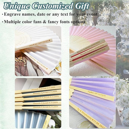 Personalized Engraved White Silk Fans Folding Hand Fans, Summer Wedding Fans, Custom Silk-Bamboo Fans Wedding Party Favor Bridal Shower Gifts (5 Pieces)