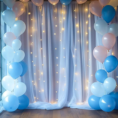 20×10ft Blue Tulle Backdrop Curtain with Lights String for Parties, Sheer Photo Backdrop Curtains for Wedding Party Photography Background