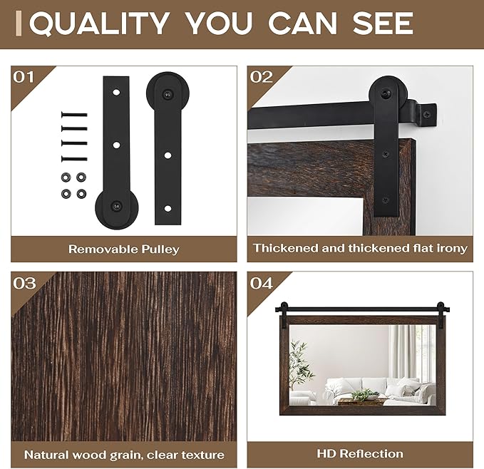 COGOOD Farmhouse Barn Door Mirror - 41 x 26 Rustic Wood Framed Wall Mirror for Bathroom, Living Room, Entryway Wall Decor (Black Brown)