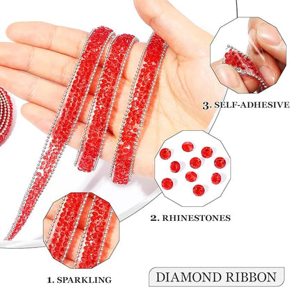 Rhinestone Ribbon 3 Yards Self Adhesive Rhinestone Strips Diamond Ribbon Sticker Crystal Roll Glitter Bling Rhinestones Tape for Crafting DIY Art Decoration (Red,0.4 Inch)