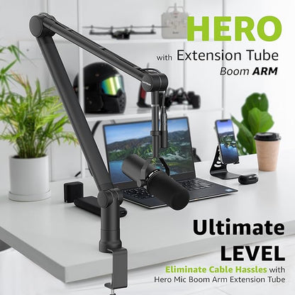 IXTECH Boom Arm Mic Stand with Extension Tube Upgraded Microphone Arm for Shure SM7B MV7 Blue Yeti Sturdy Stainless Steel Mic Arm Desk Stand Foldable Scissor Arm Microphone Mount for Podcast Gaming