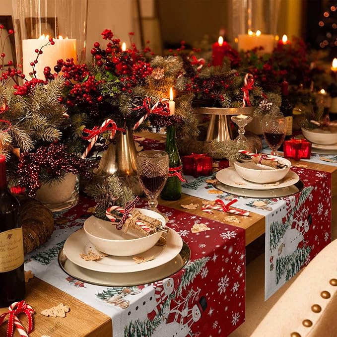 Christmas Snowman Cotton Linen Table Runner for Dining Kitchen, Xmas Tree White Snowflakes Winter Wedding Outdoor Party Tablerunners Decoration, Dresser Scarf Coffee Tablecloth Runners 13x120 Inches