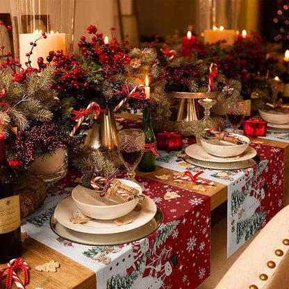 Christmas Snowman Cotton Linen Table Runner for Dining Kitchen, Xmas Tree White Snowflakes Winter Wedding Outdoor Party Tablerunners Decoration, Dresser Scarf Coffee Tablecloth Runners 13x70 Inches