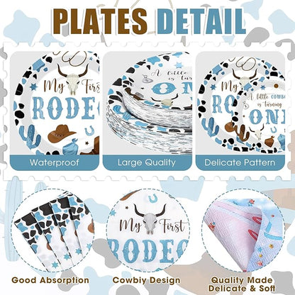452 Pcs First Rodeo Decorations Boy, Blue Western Cowboy Paper Plates Napkins Cups Tablecloth Cutlery Straws for My 1st Rodeo Birthday Party Baby Shower Decorations Supplies for 50 Guests
