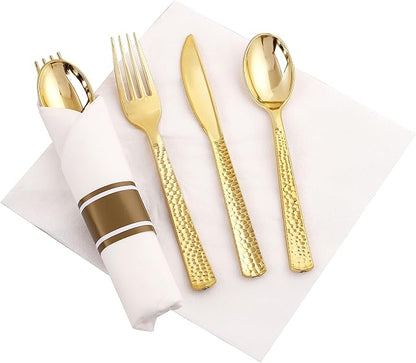 Supernal Set of 60 Wrapped Plastic Silverware Gold Pre Rolled Silverware Set Disposable,Plastic Cutlery for Parties,Disposable Cutlery Heavy Duty with Linen Napkins For Weddings Birhday